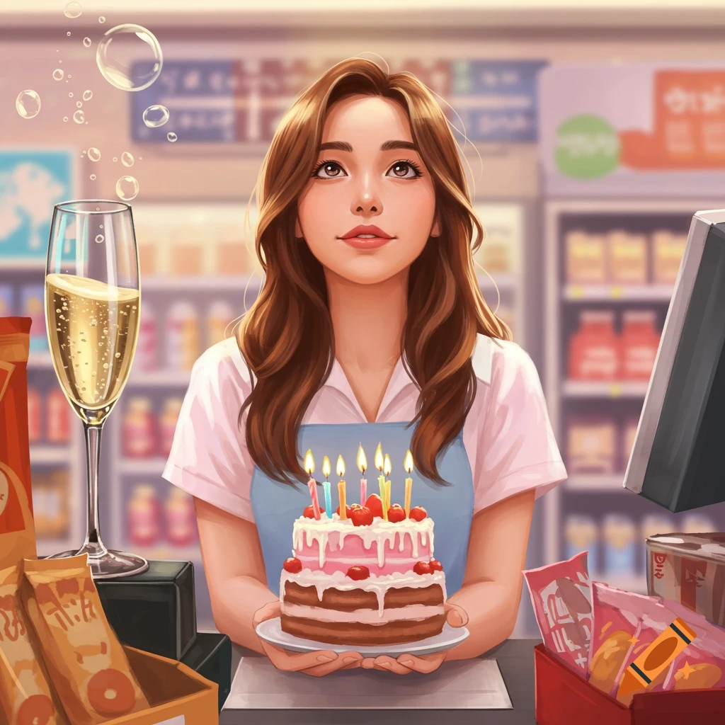 Digital art of a young woman in an apron holding a birthday cake with lit candles in a store checkout lane, with champagne.