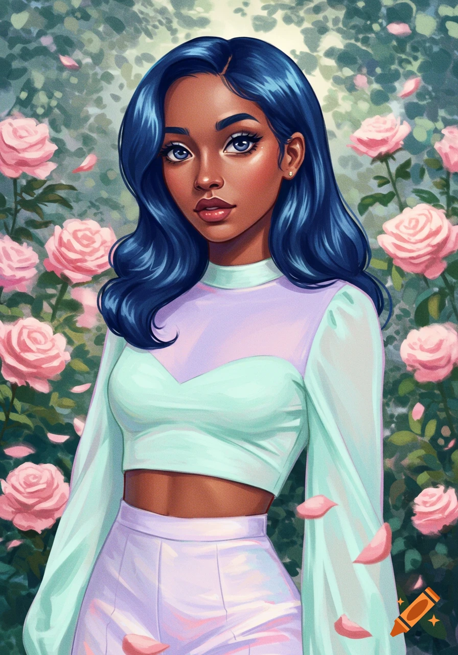 A stylized portrait of a young Black woman with long dark blue hair, wearing a pastel crop top and skirt, standing among pink roses.