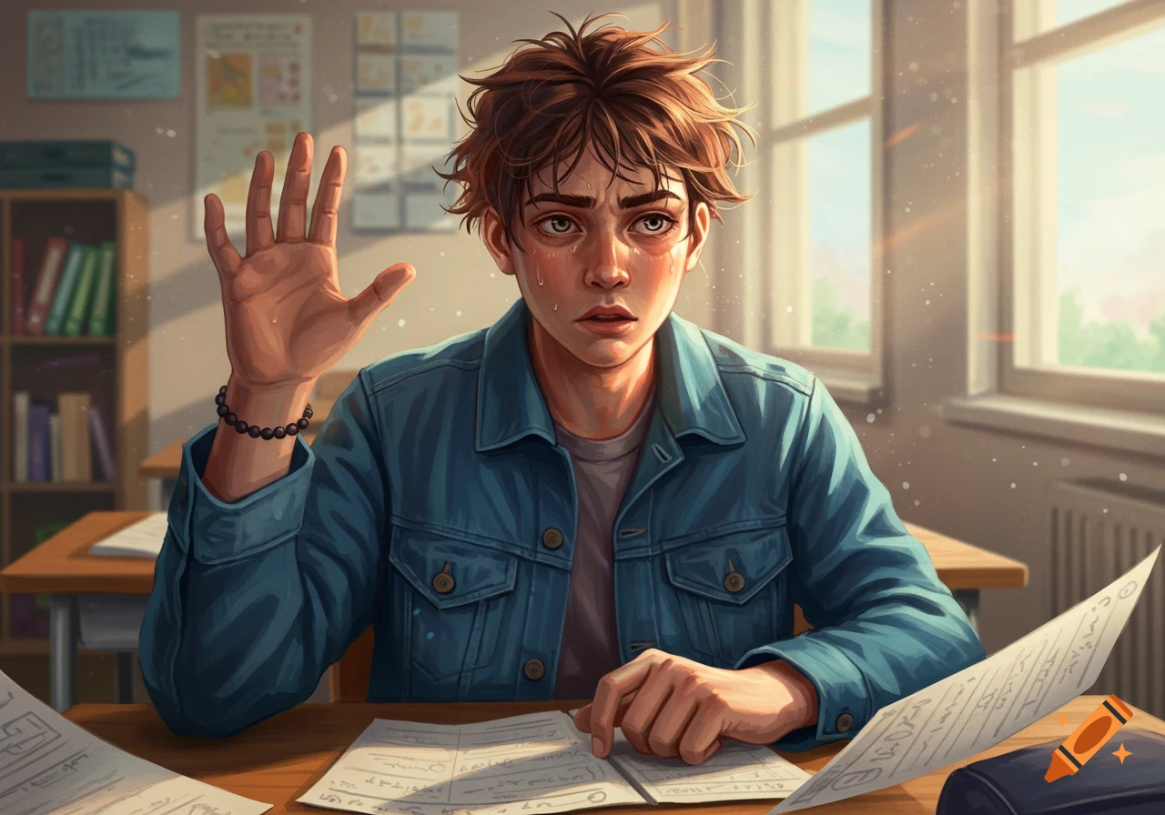 A distressed male teen with messy hair sweats and raises his hand in a sunlit classroom, with papers on his desk.