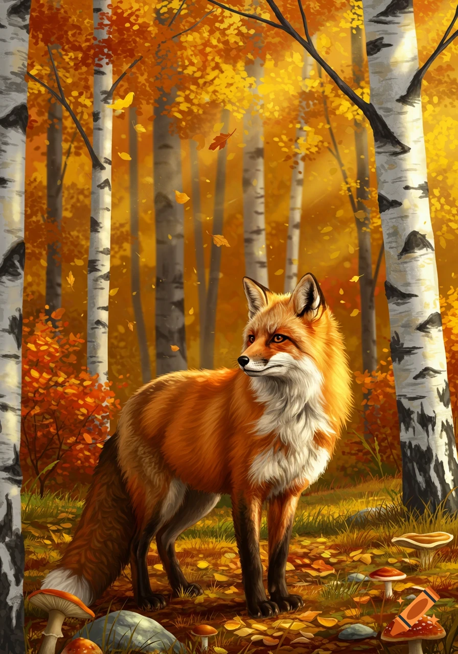 A vibrant red fox stands amidst white birch trees and falling yellow and orange leaves in an autumn forest.