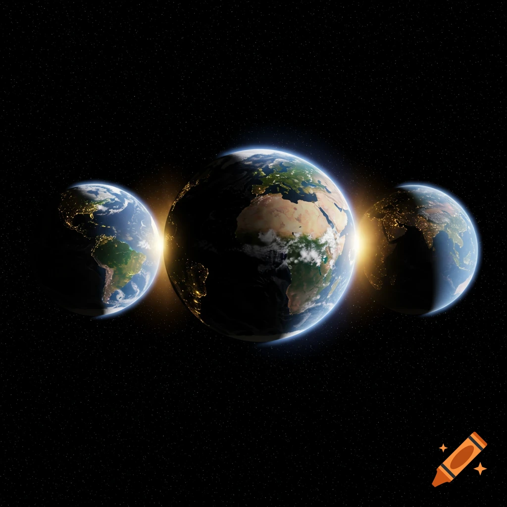 Three illuminated Earth-like planets in a dark starfield, showing day and night sides with city lights.