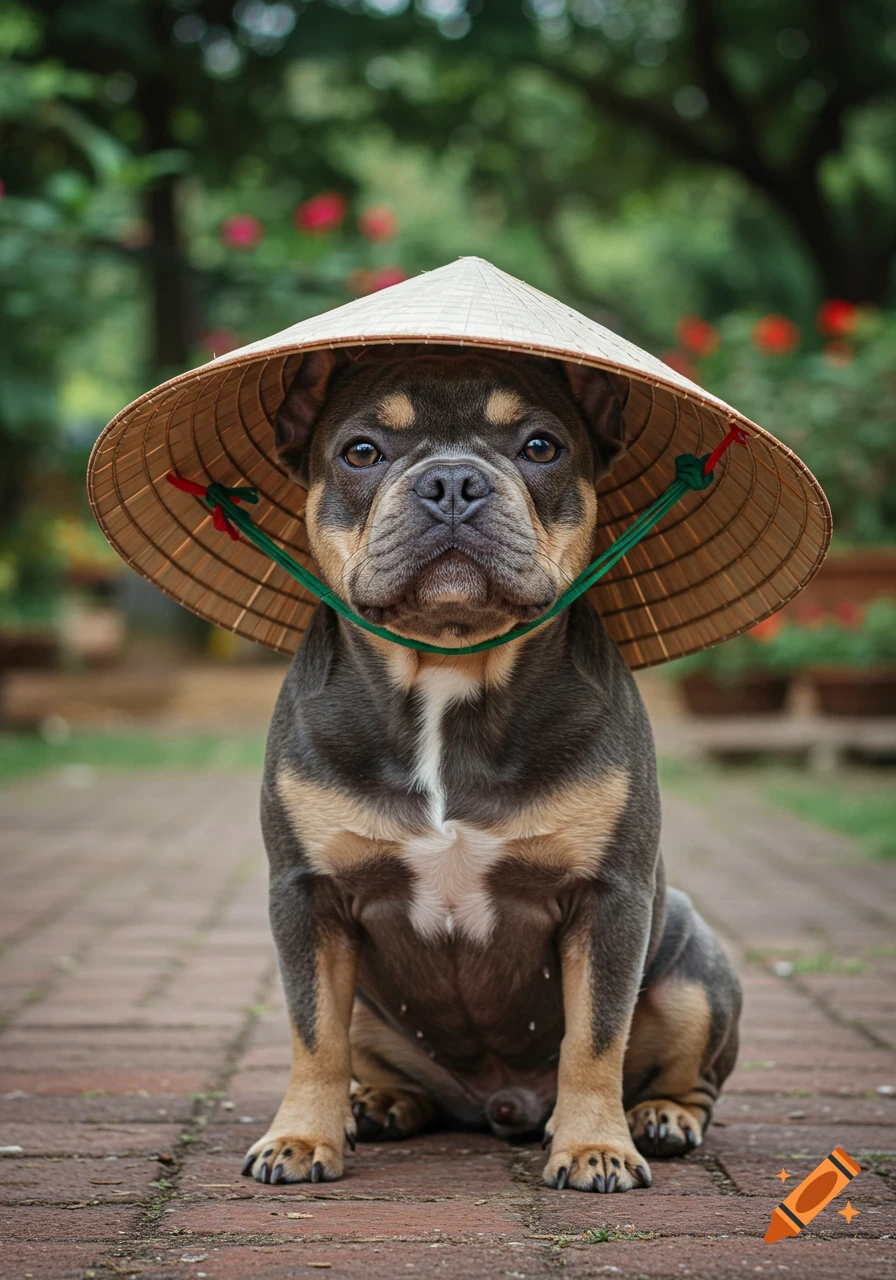 A dark brown and tan bulldog with big eyes wears a conical straw hat and sits on a brick path in a green garden.