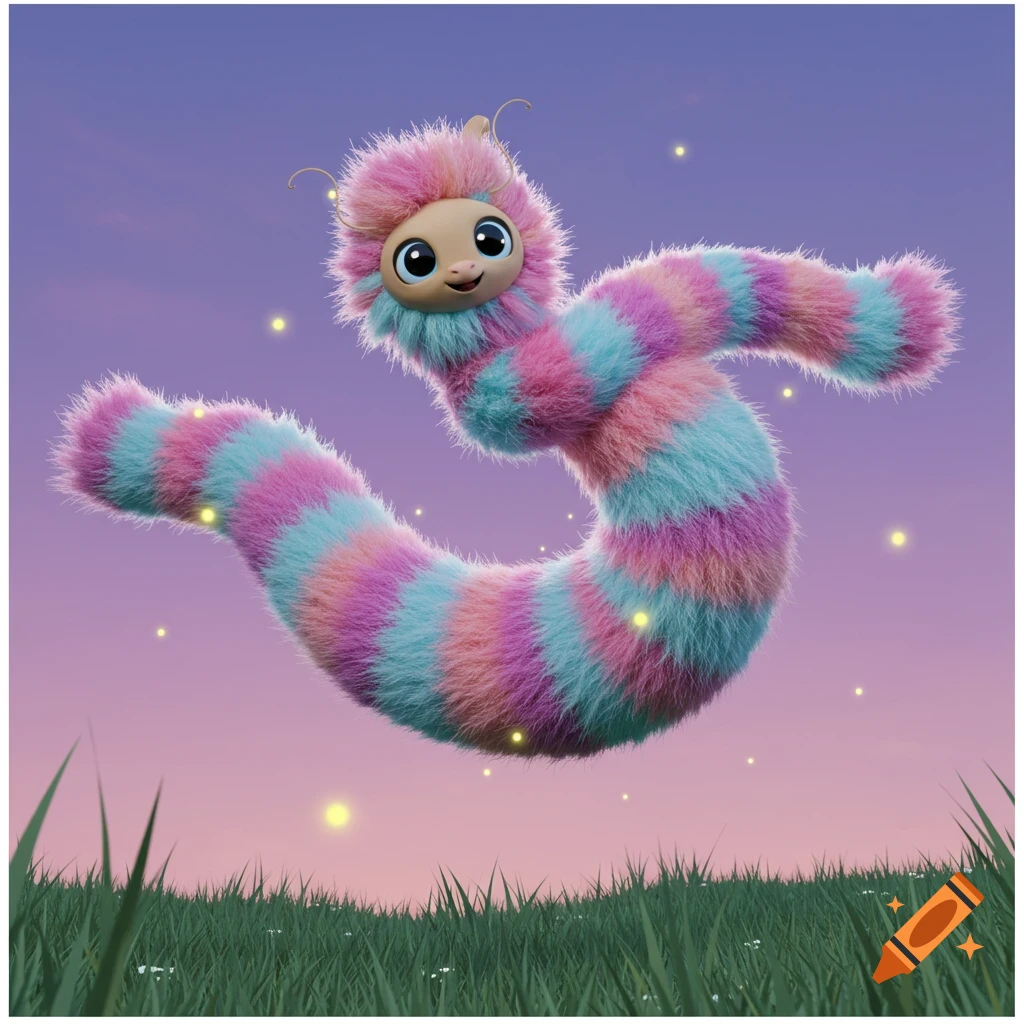 A cute, fluffy, striped pink, purple, and blue creature with big eyes floats above green grass at dusk, surrounded by fireflies.