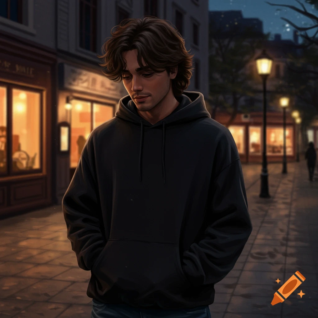A young man with wavy dark hair in a black hoodie stands looking down on a dimly lit city street at night, digital art.