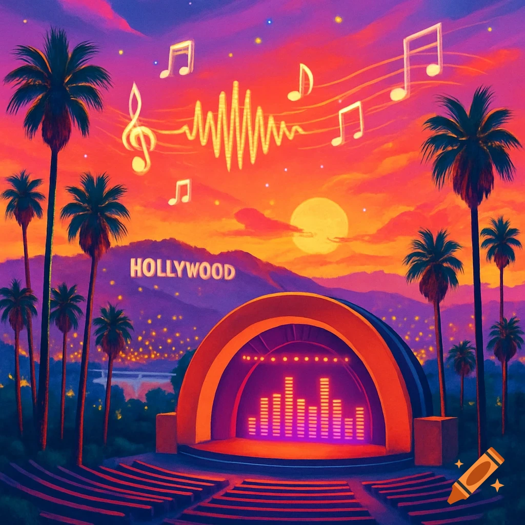 Vibrant, stylized Hollywood concert venue with the Hollywood sign, palm trees, and musical notes at sunset.