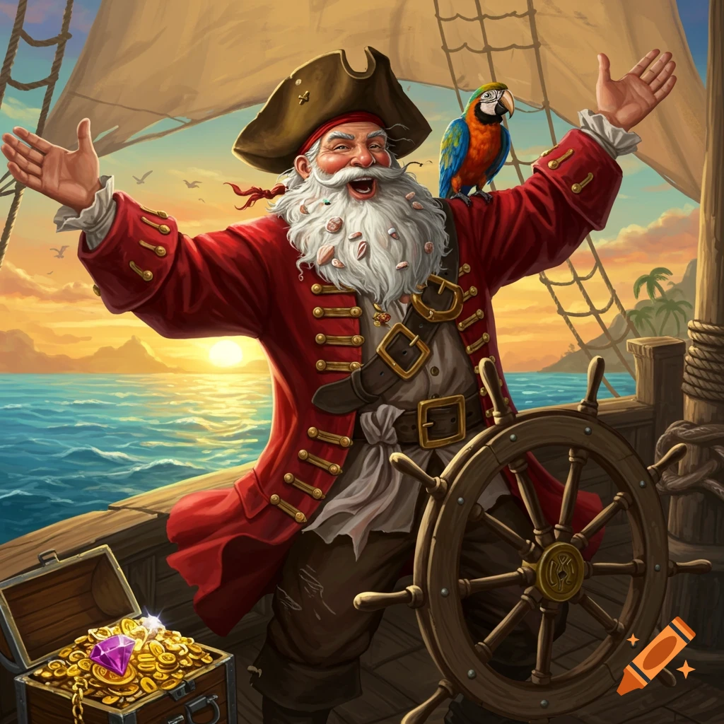 Illustrated pirate Santa with arms wide, a parrot on his shoulder, on a ship with a treasure chest at sunset.