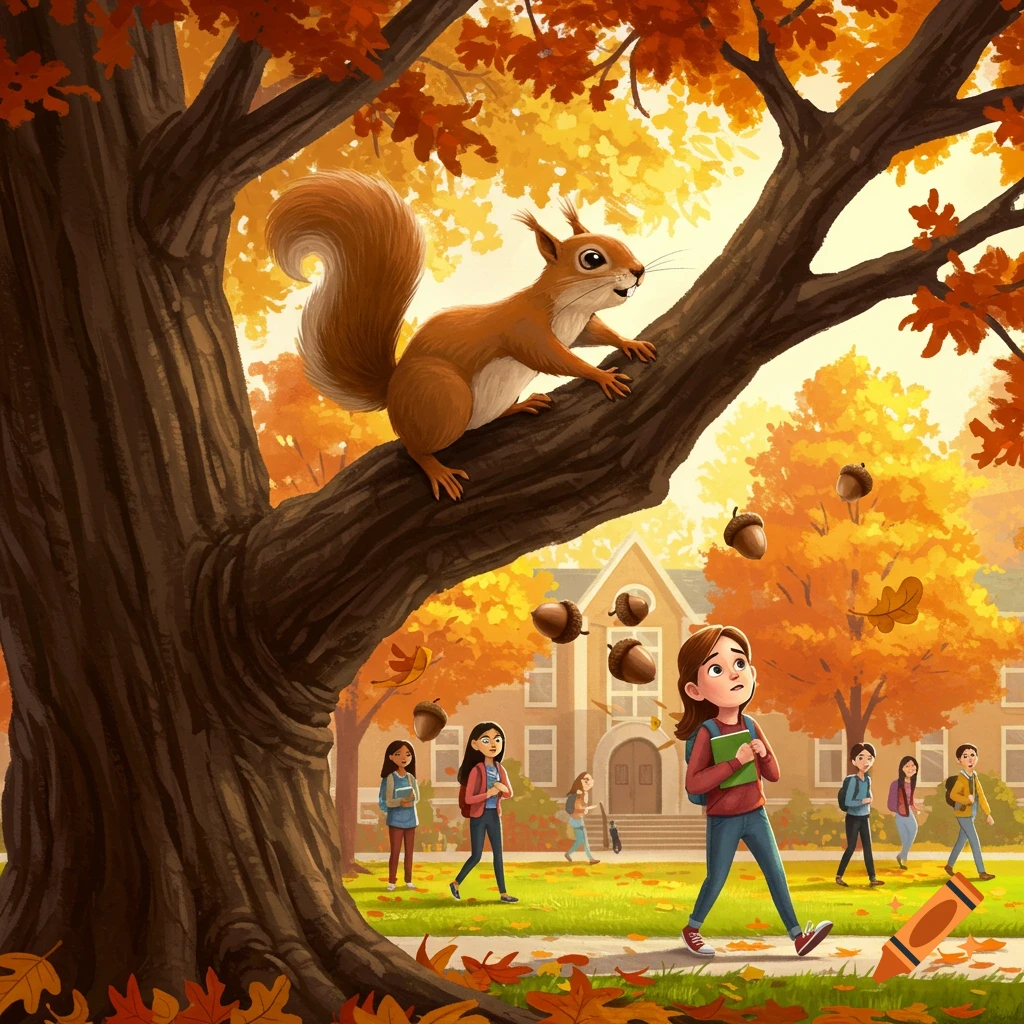 An illustration of a squirrel on a tree branch dropping acorns onto a surprised student walking past a school on an autumn day.