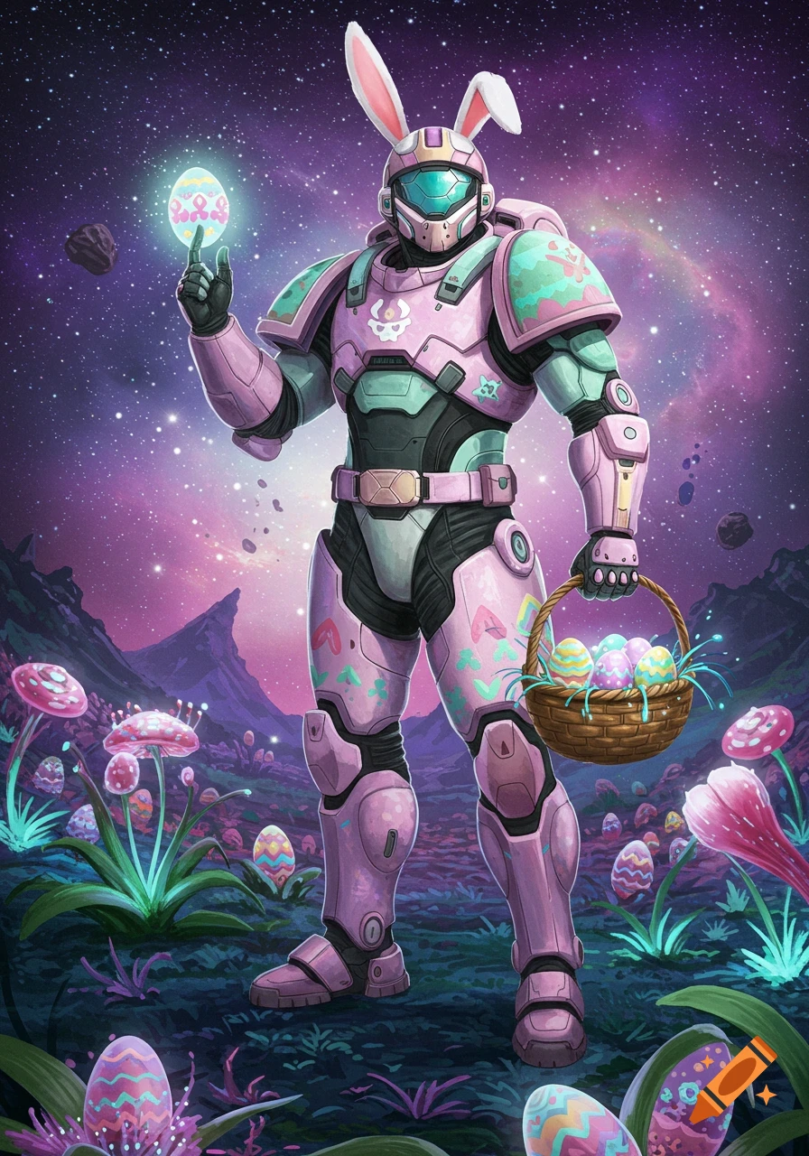 A colorful space marine in pink bunny armor and ears holds a glowing Easter egg and a basket of eggs in a cosmic, alien landscape.