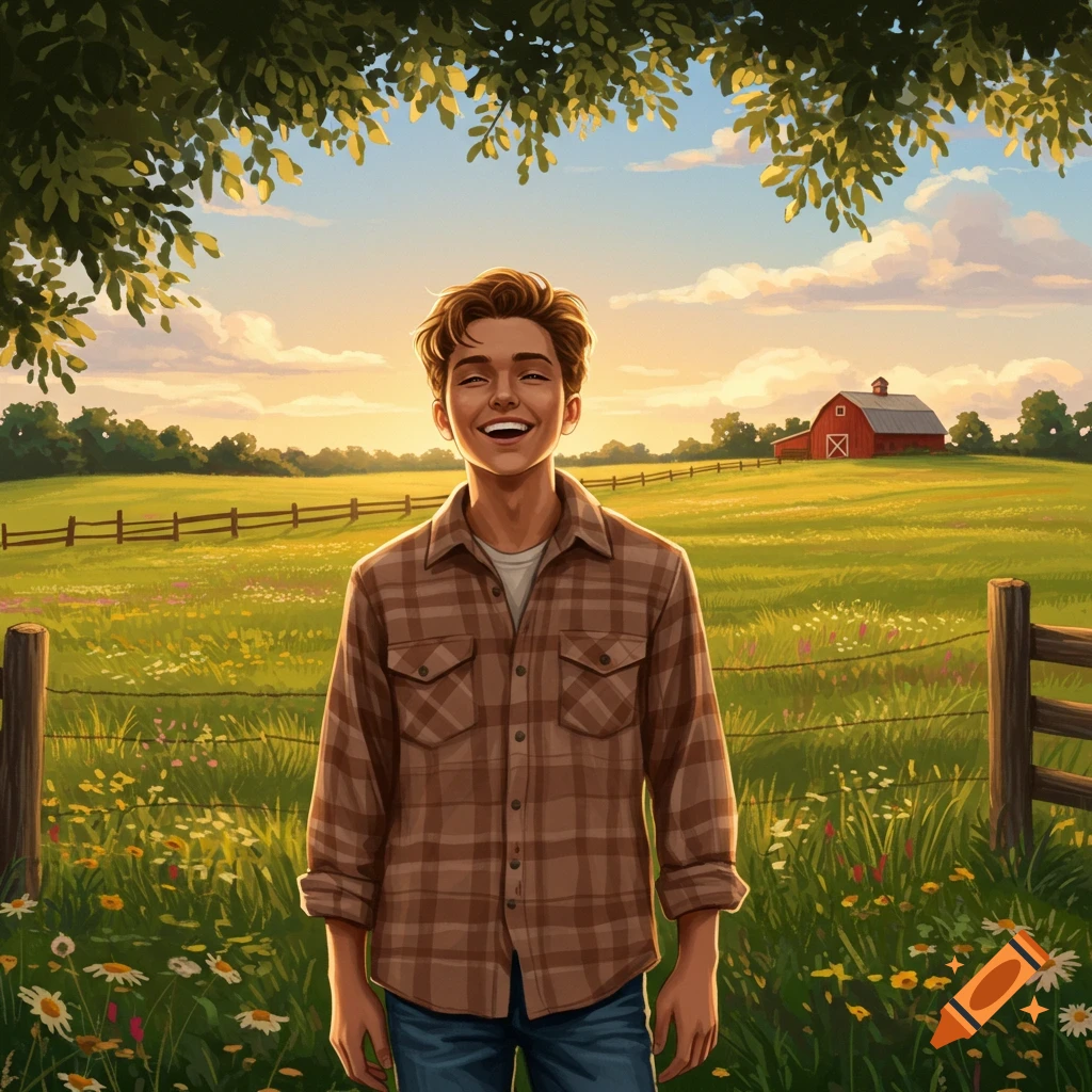 Happy young man in plaid shirt in a sunlit field with wildflowers, red barn in distance, digital art.