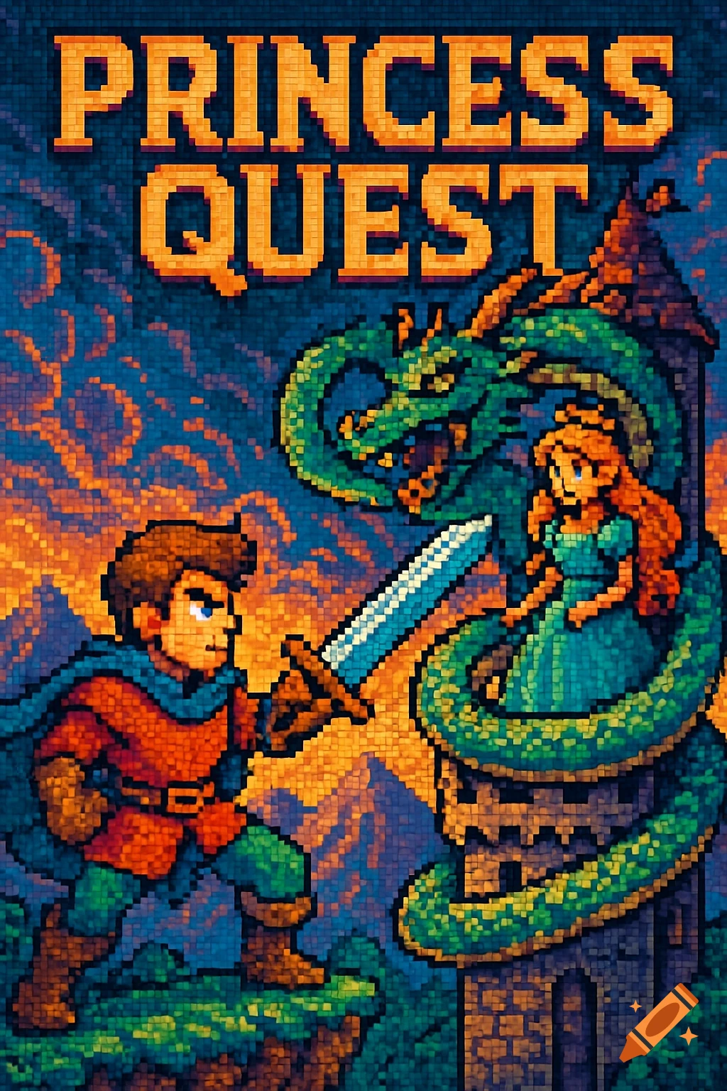 Pixel art of a hero fighting a dragon guarding a princess in a tower, with "PRINCESS QUEST" at the top.