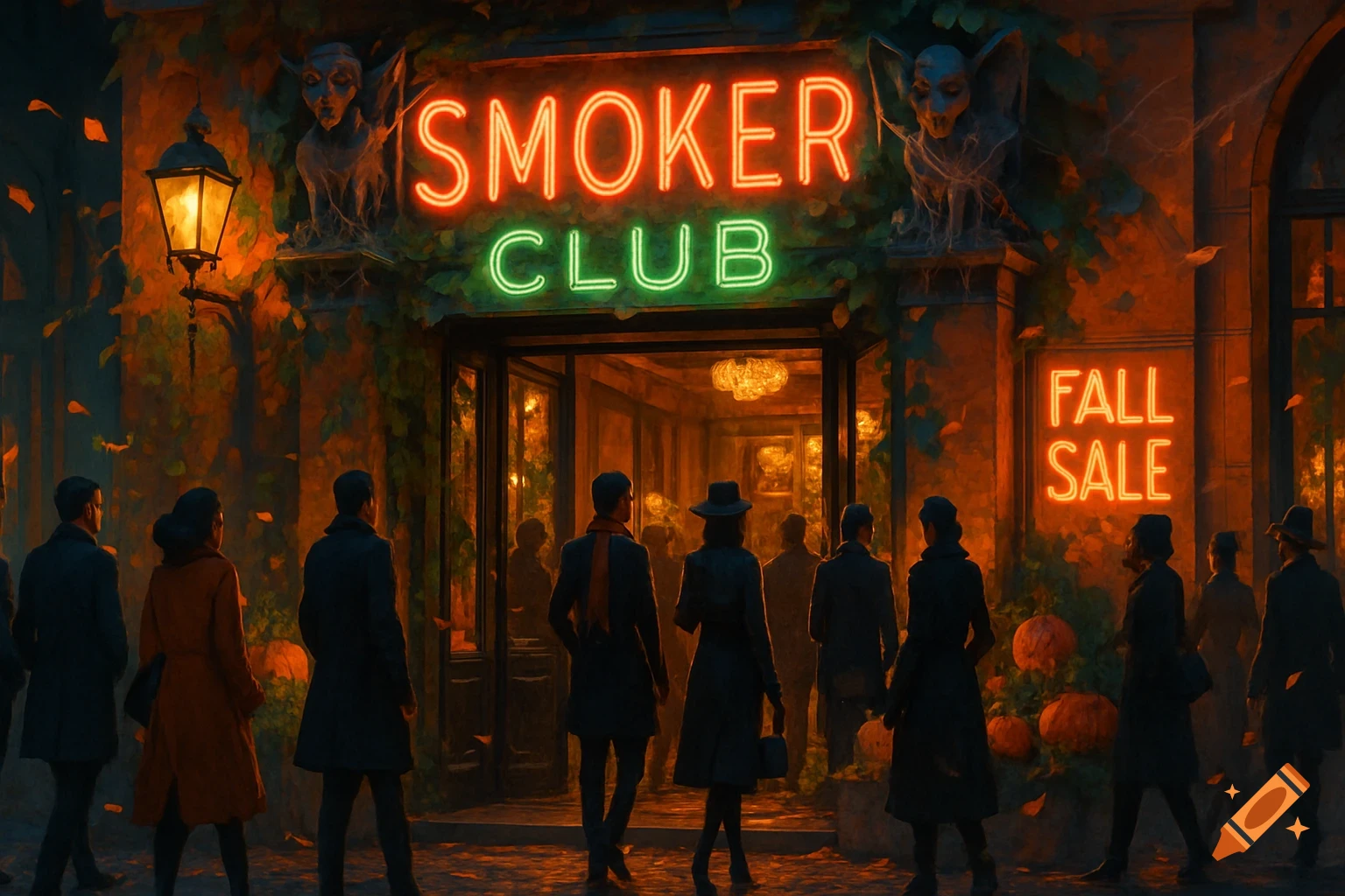 People gather outside a 'Smoker Club' with neon signs and 'Fall Sale' sign, set in an autumn night scene with a painterly style.