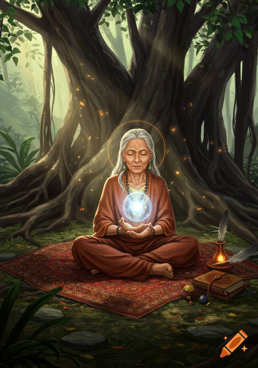 An elderly person with white hair meditates under a large tree in a forest, holding a glowing blue orb. Digital painting.