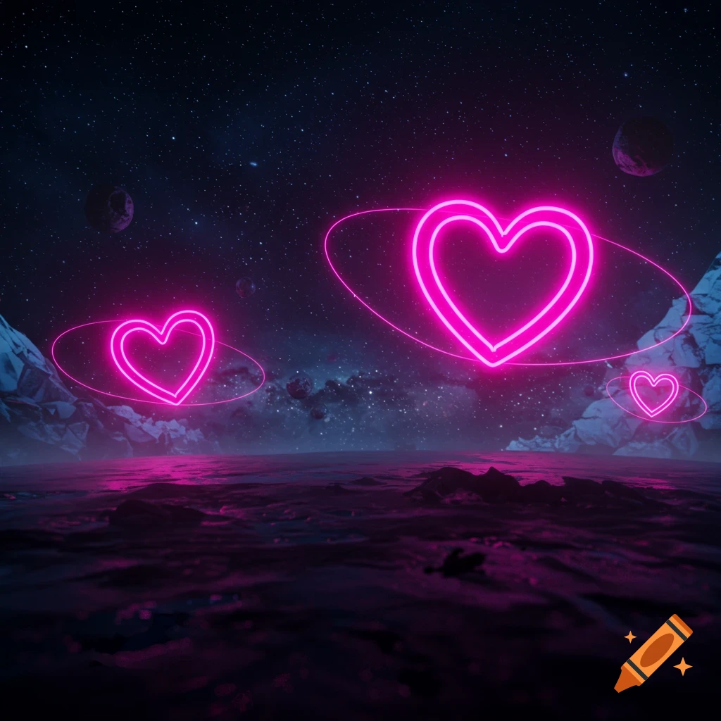 Neon pink hearts float above a dark, wavy landscape under a starry sky with distant planets.