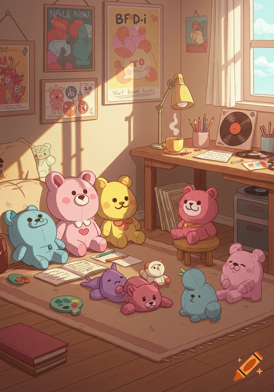 A sunlit lofi room with various colorful stuffed animals on a rug, drawing, and a desk with a record player and coffee.