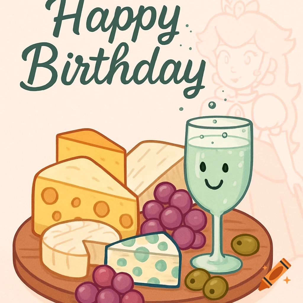 Cartoon birthday card with 'Happy Birthday' text, a cheese board, grapes, olives, and a smiling sparkling drink. Princess Peach is faintly in the background.
