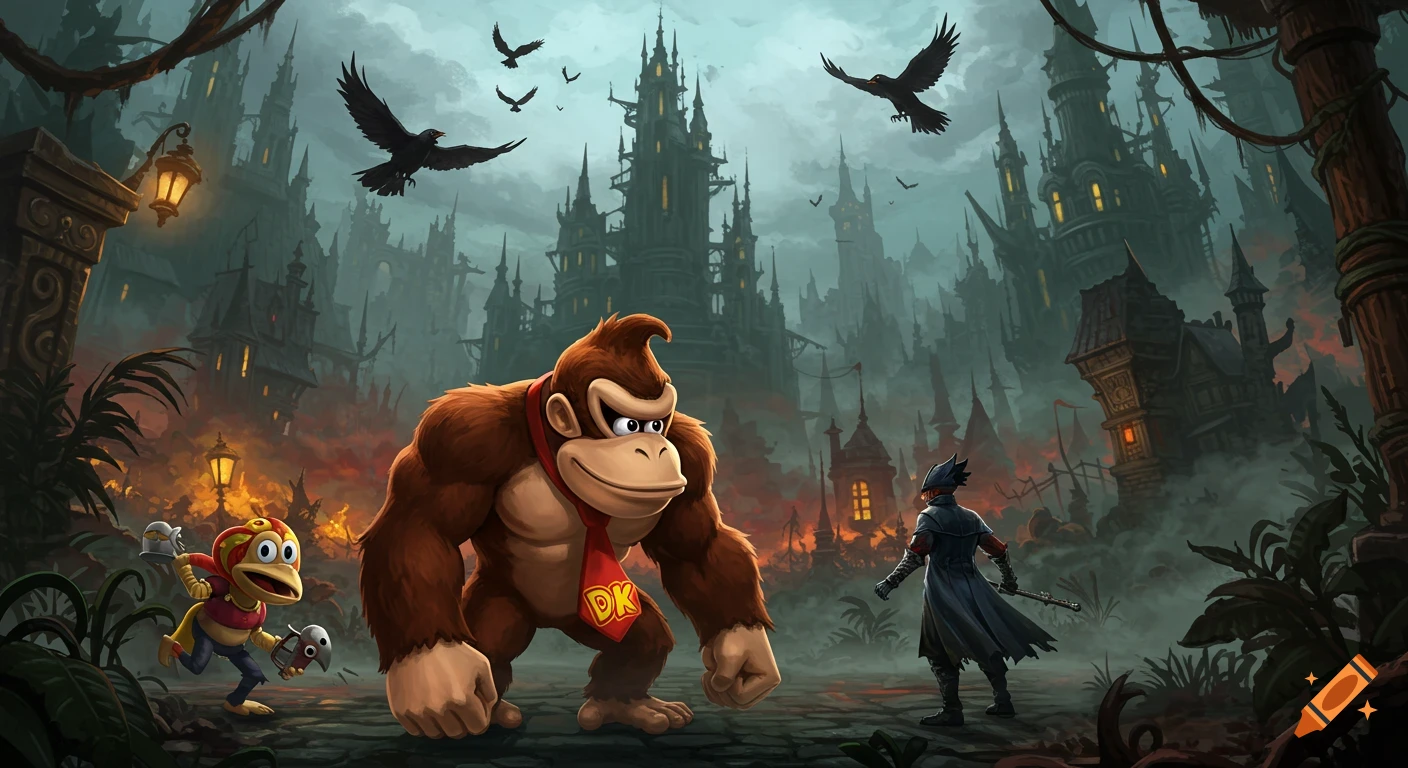 Donkey Kong, Diddy Kong, and a Bloodborne Hunter face off in a dark gothic city with castles and ravens.
