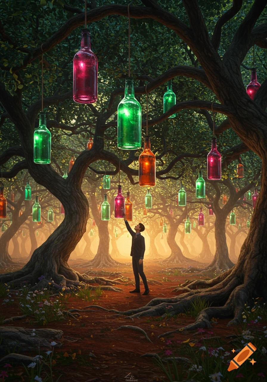 A man in a fantasy forest reaches for a glowing bottle hanging from a tree, surrounded by many other illuminated bottles.
