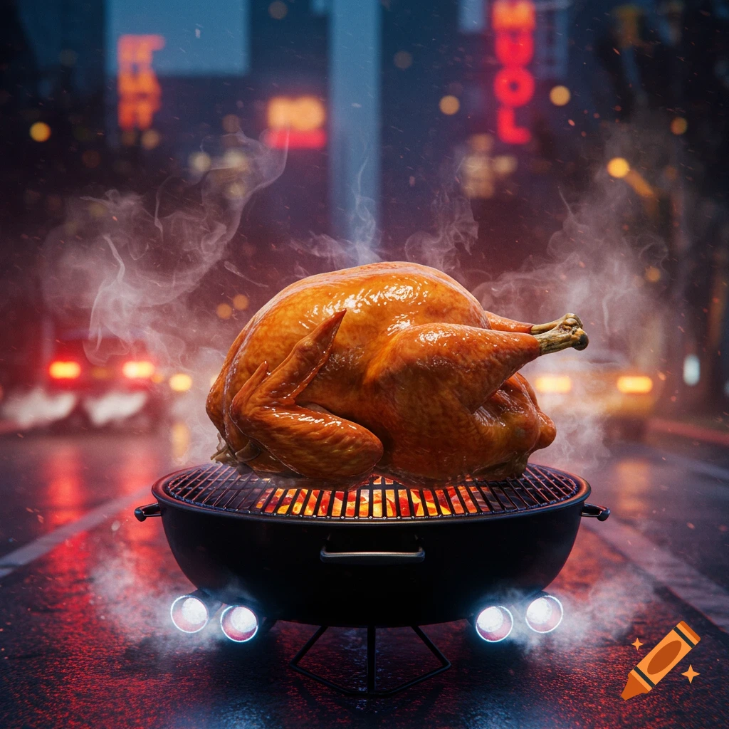 A photorealistic roasted turkey sits on a glowing grill on a wet city street at night, with blurry urban lights in the background.