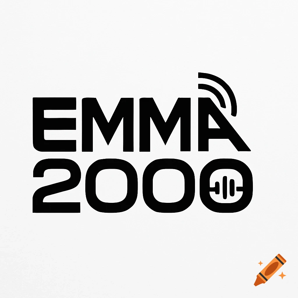 Black and white logo for 'EMMA 2000' with a signal icon above the 'A' and a microphone icon inside one '0'.