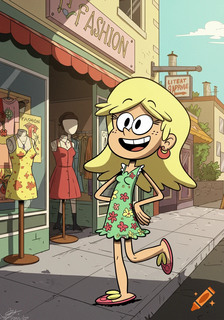Cartoon character Leni Loud in a green floral dress poses happily outside a fashion boutique on a sunny day.