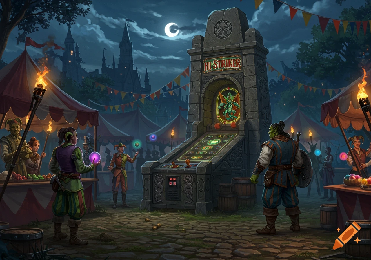 A fantasy carnival at night, with an orc playing a medieval Hi Striker game, surrounded by tents, revelers, and a moonlit castle.