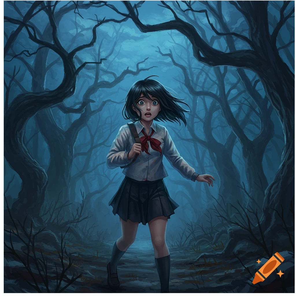 A terrified anime girl with black hair and a school uniform runs through a dark, gnarled forest.