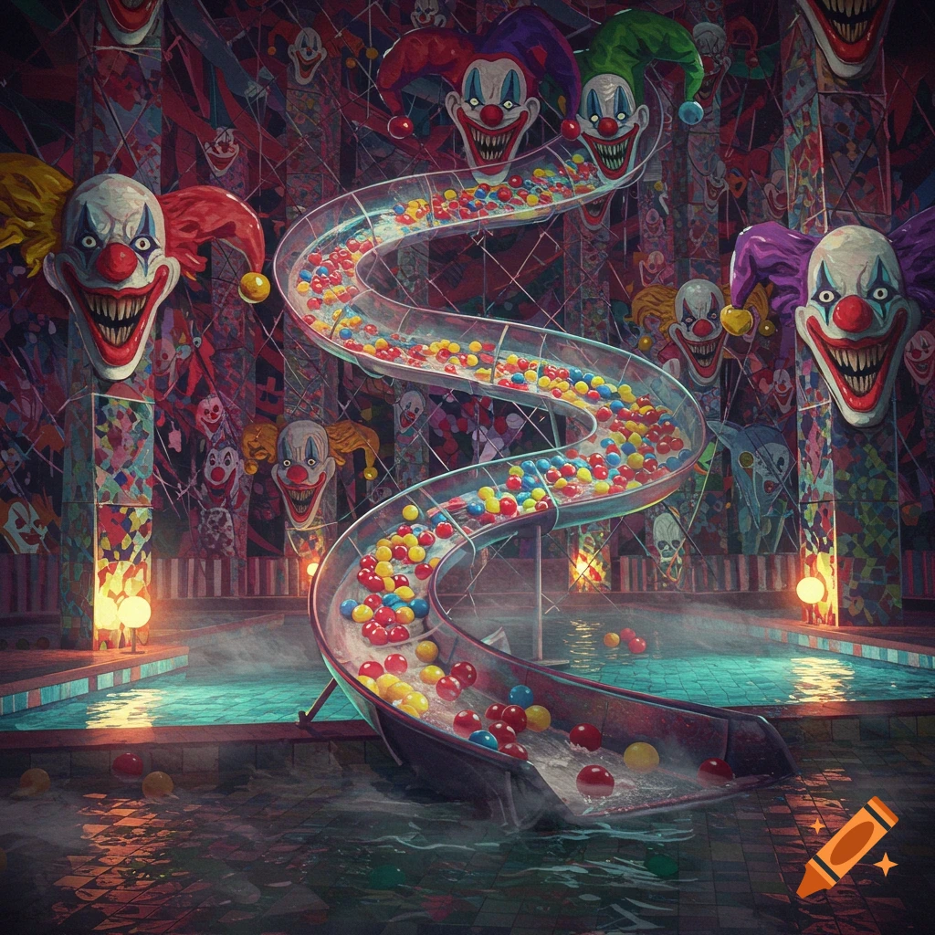 A creepy clown-themed water park with a winding ball-filled slide descending into murky water, surrounded by menacing clown faces.