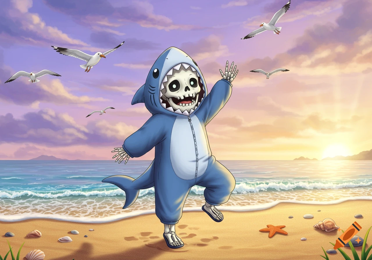 A cartoon skeleton in a blue shark onesie dances on a sandy beach with ocean waves and seagulls under a sunset sky.