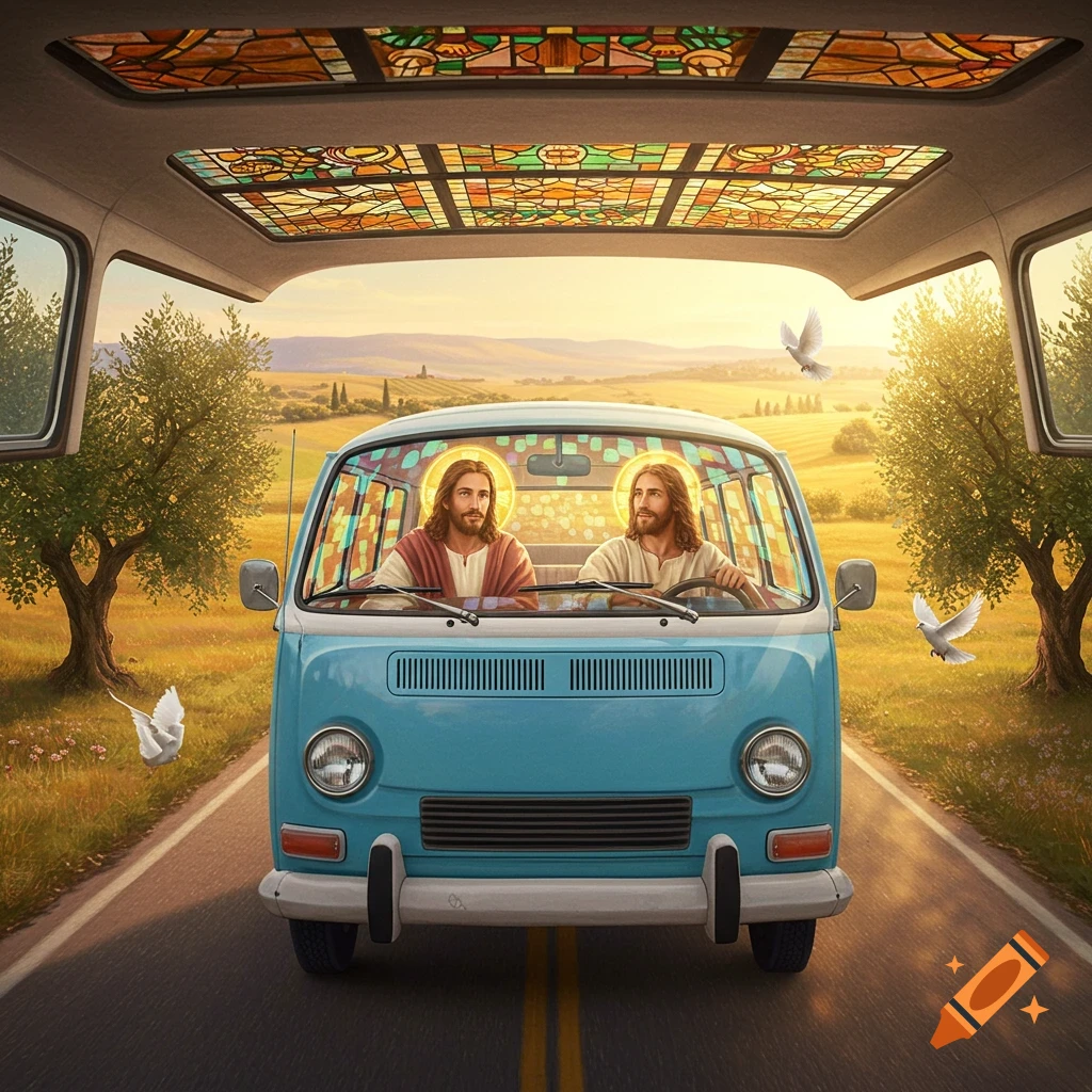 Two figures resembling Jesus drive a blue vintage van down a rural road under a stained glass roof, with doves flying in a sunny landscape.