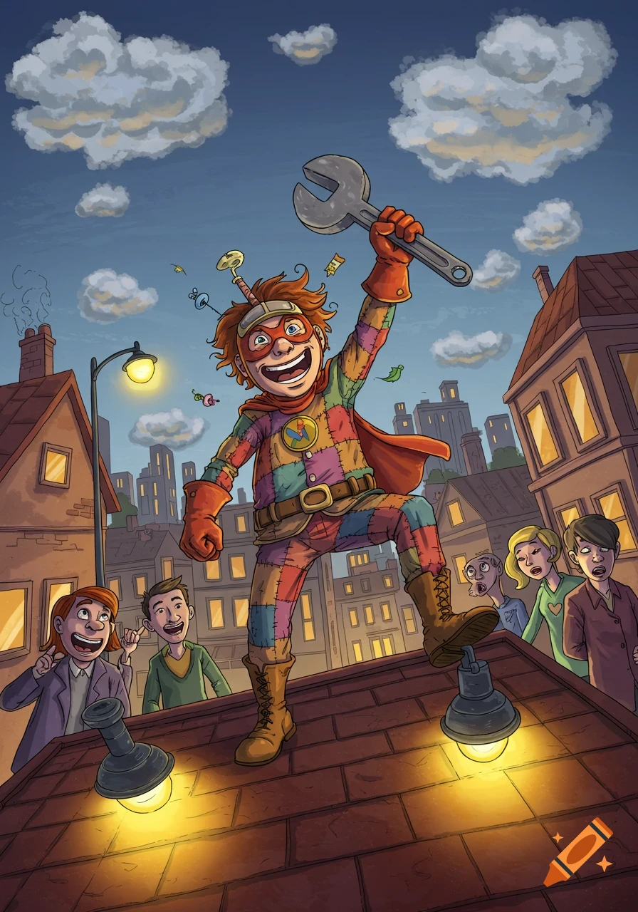 A vibrant cartoon superhero in a patched suit holds a wrench high on a city rooftop, with surprised people watching below.