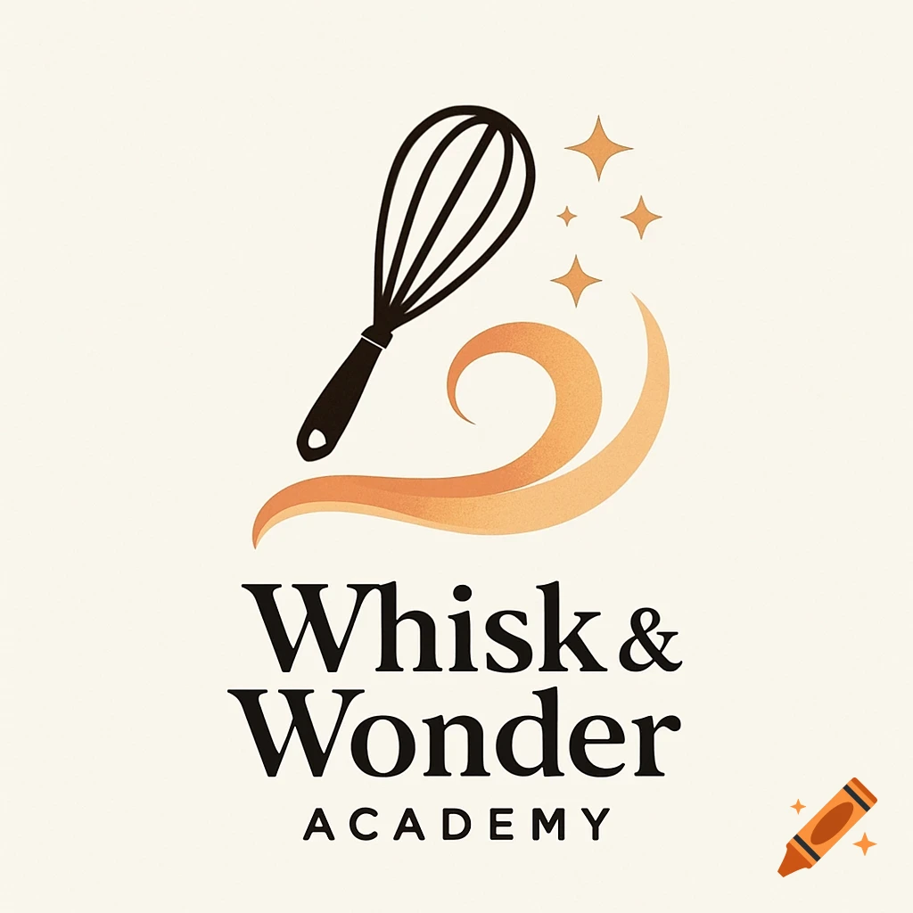 A logo for Whisk & Wonder Academy featuring a black whisk above orange swirling shapes and golden sparkles on a light background.