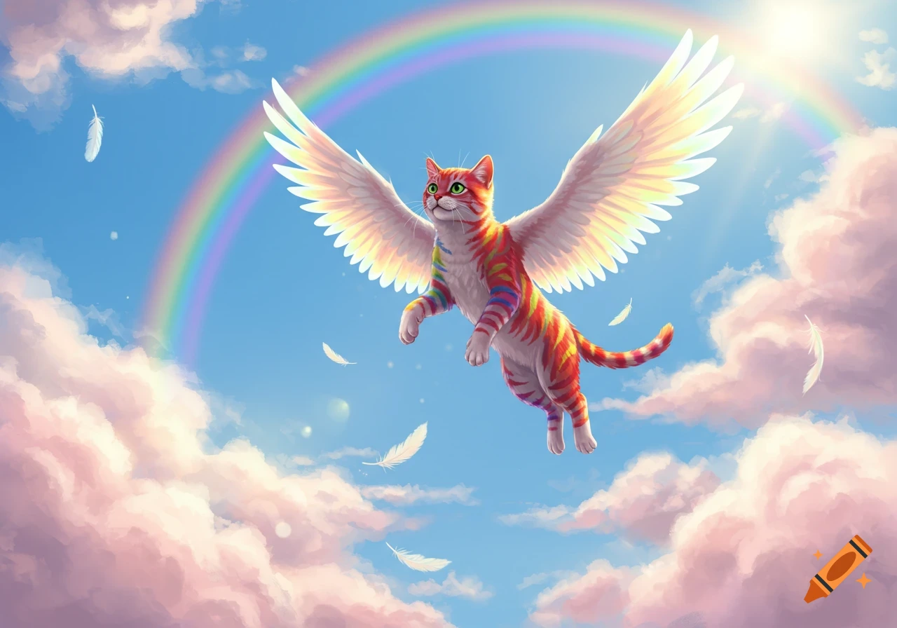 A rainbow-striped cat with large white wings flies through a blue sky with pink clouds and a prominent rainbow.