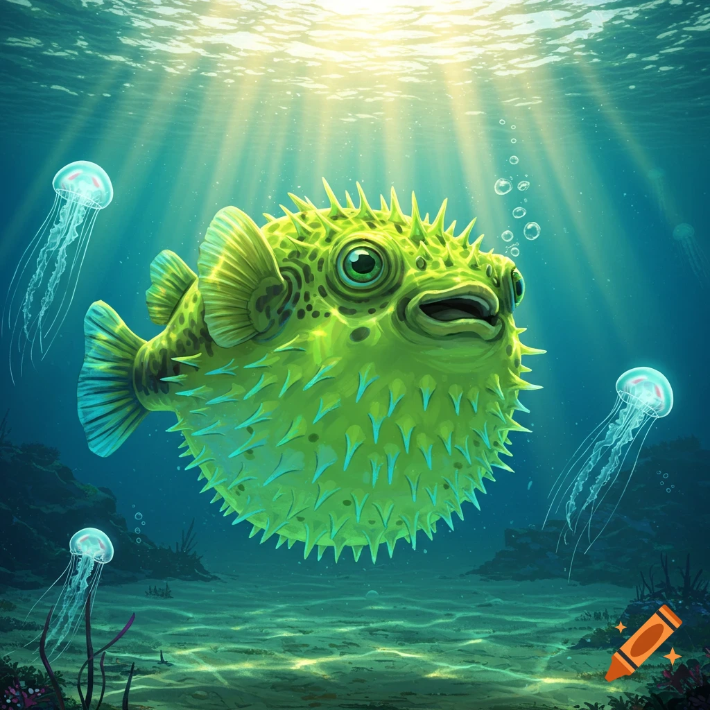A vibrant green pufferfish swims in a sunlit underwater scene with blue jellyfish and a sandy bottom.
