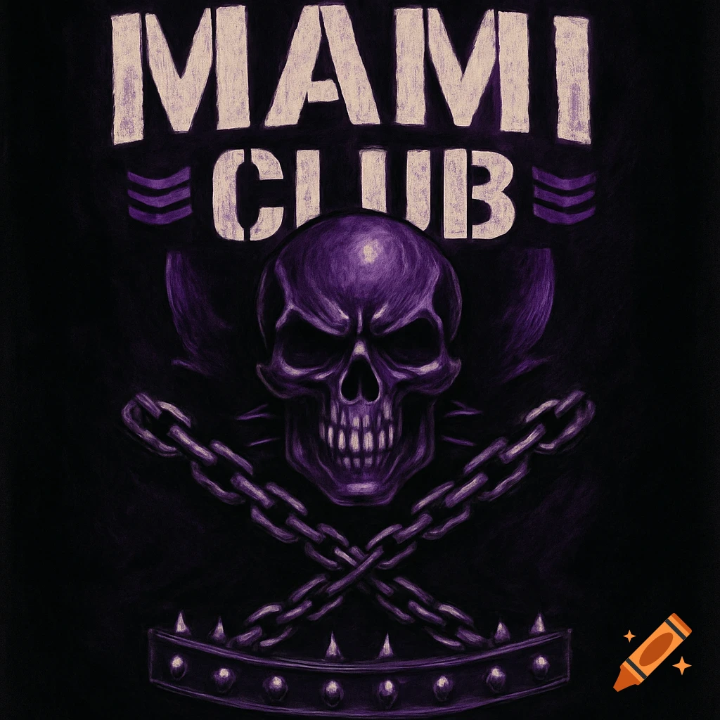 Gothic style 'MAMI CLUB' logo with a purple skull, crossed chains, and spiked collar on a black background.