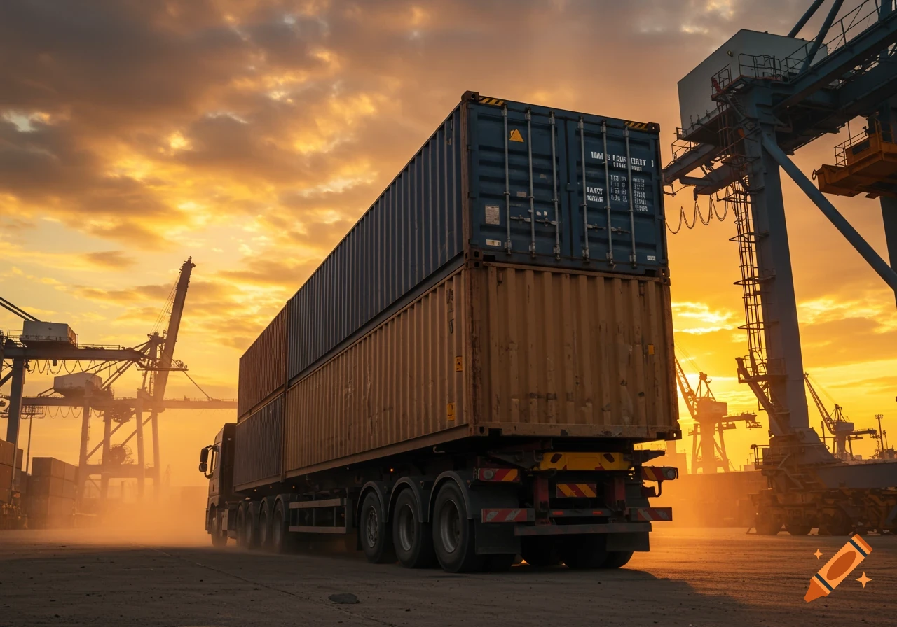 Photorealistic image of a semi-truck carrying two large shipping containers at a bustling port during sunset, with industrial cranes in the background.
