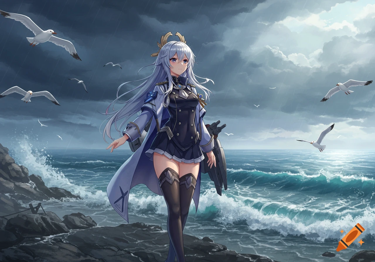 An anime girl with long silver hair in a naval uniform stands on a rocky shore overlooking a stormy ocean with seagulls flying under dark clouds.