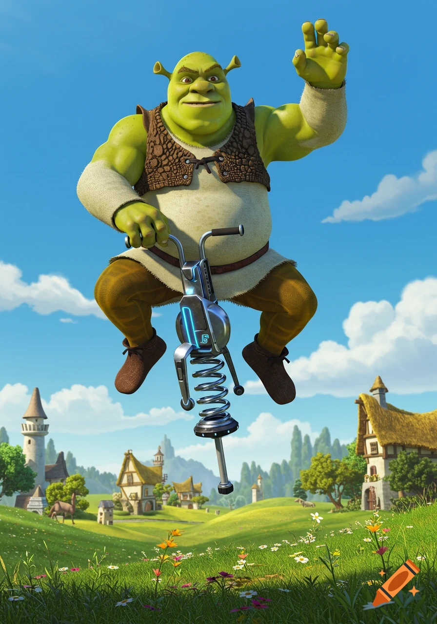 Buff Shrek jumps high on a pogo stick over a vibrant green field with a fantasy village in a bright, 3D animated style.