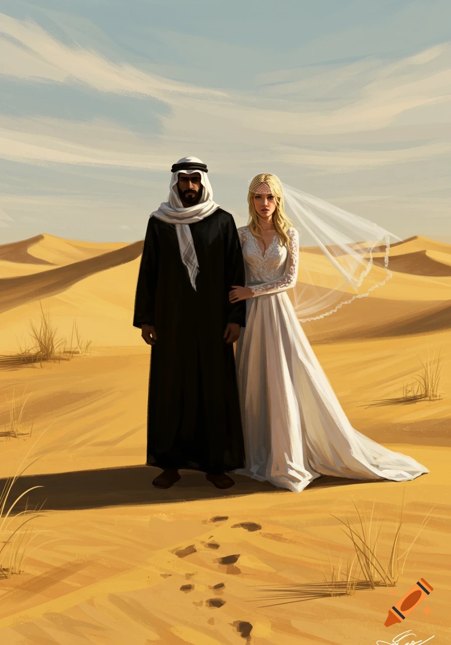 Illustration of a man in black robes and a woman in a white wedding dress standing in a sunny desert with sand dunes.