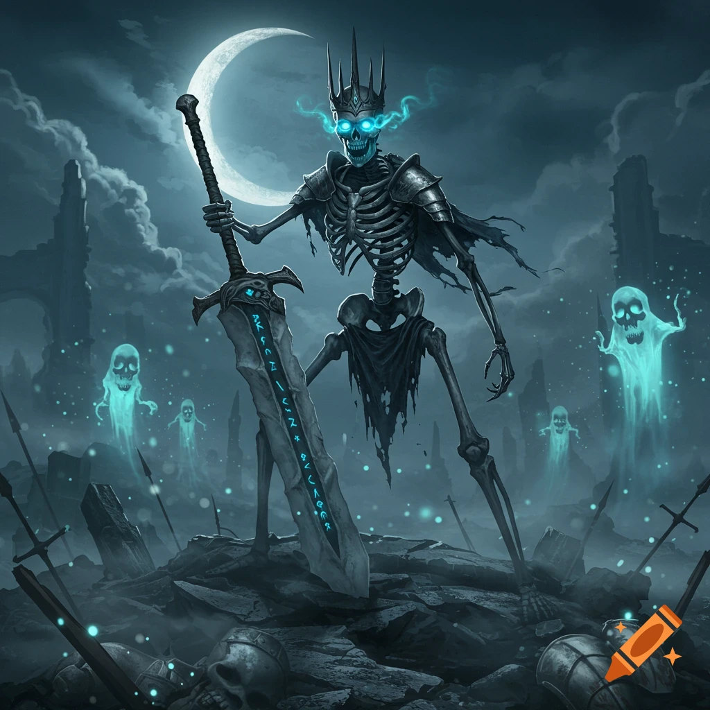 A skeletal warrior with glowing blue eyes and a crown, holding a large sword with glowing runes, stands in a ruined, moonlit landscape with ghostly figures.