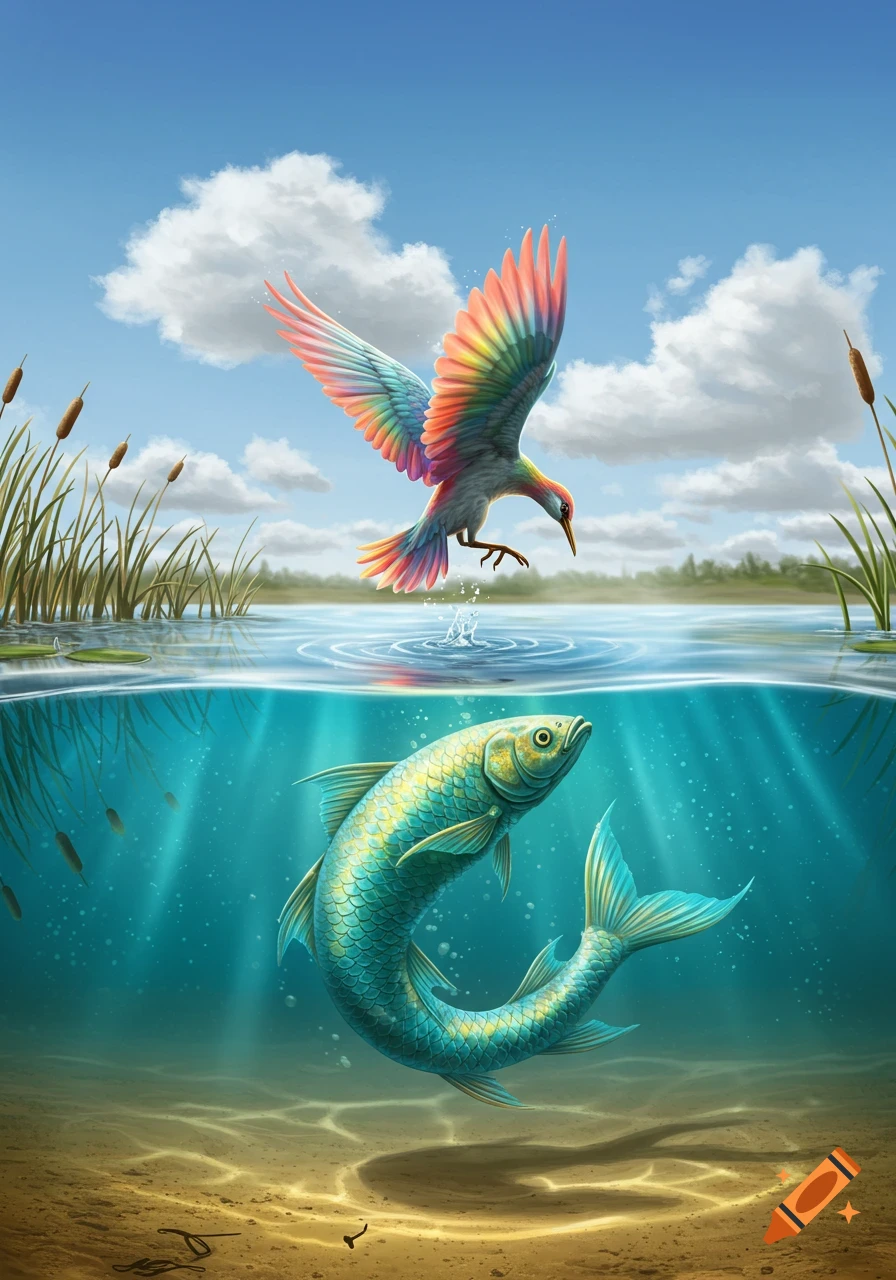 A vibrant, rainbow-winged bird dives toward a turquoise and gold fish swimming below the surface of a lake.