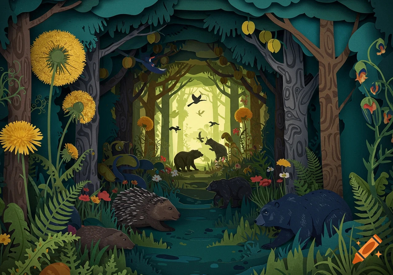 Layered paper-cut art depicting a forest with bears, porcupines, beavers, dandelions, and birds.