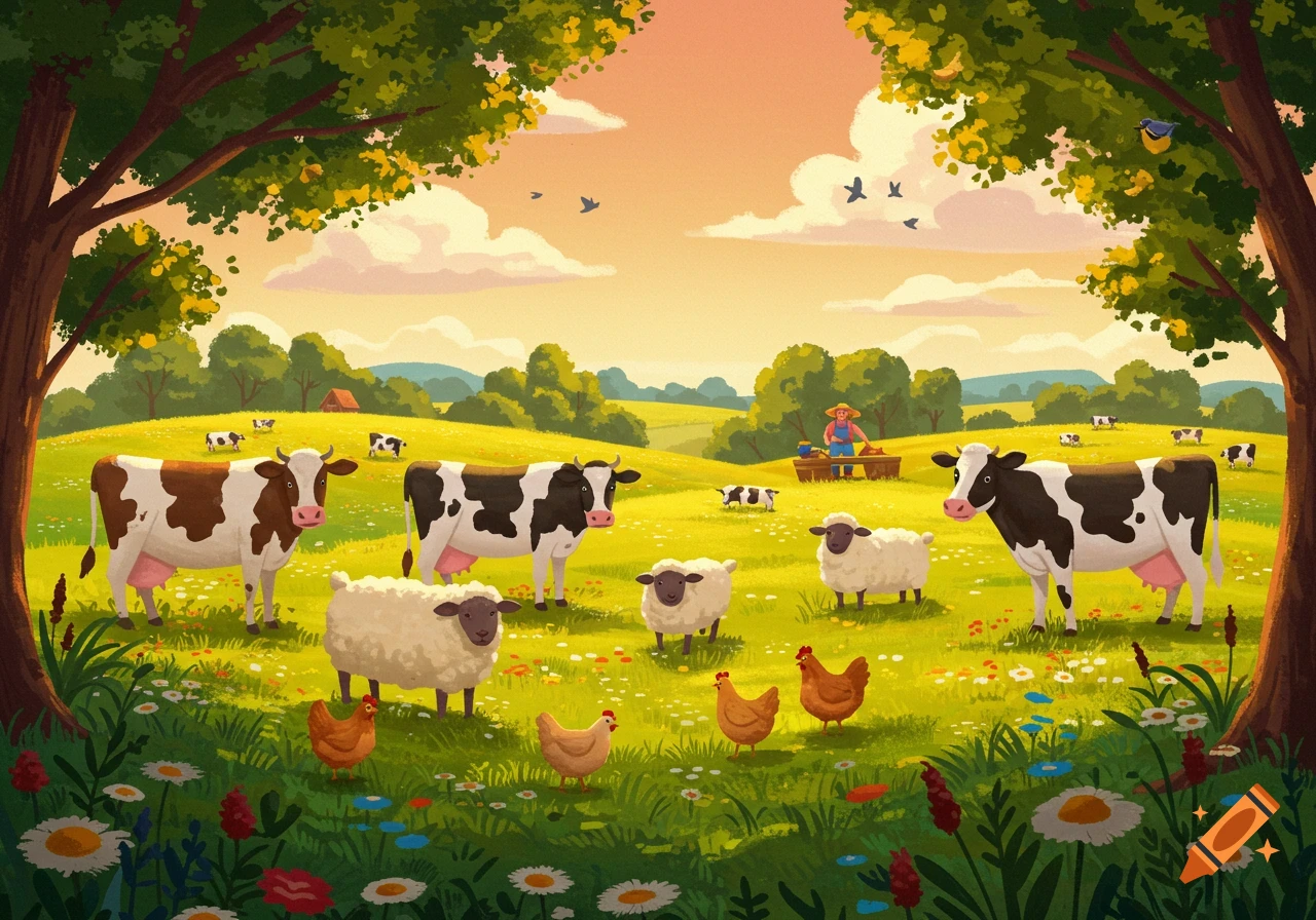 Stylized illustration of a vibrant farm with cows, sheep, chickens grazing in a sunny green field, a farmer working in the distance, and trees framing the scene.