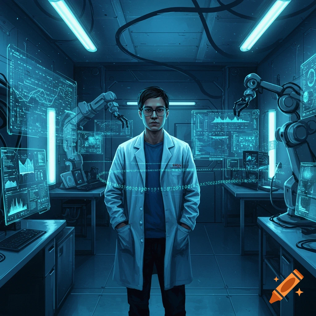 A man in a lab coat stands in a futuristic blue-lit laboratory filled with holographic screens displaying data and robotic arms.
