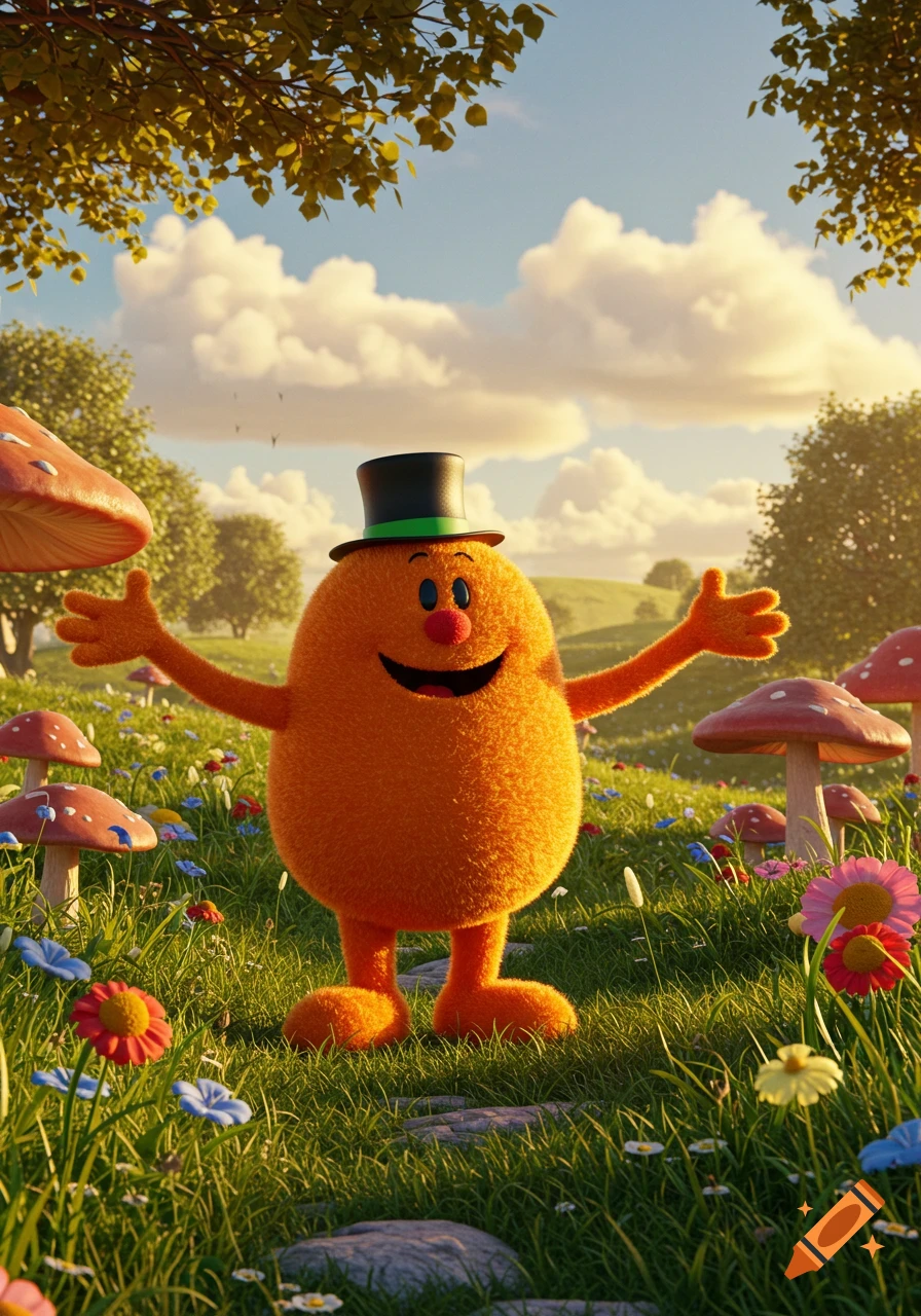 A fluffy orange Mr. Tickle in a top hat smiles with arms open in a vibrant, sunlit field of flowers and mushrooms, realistic style.