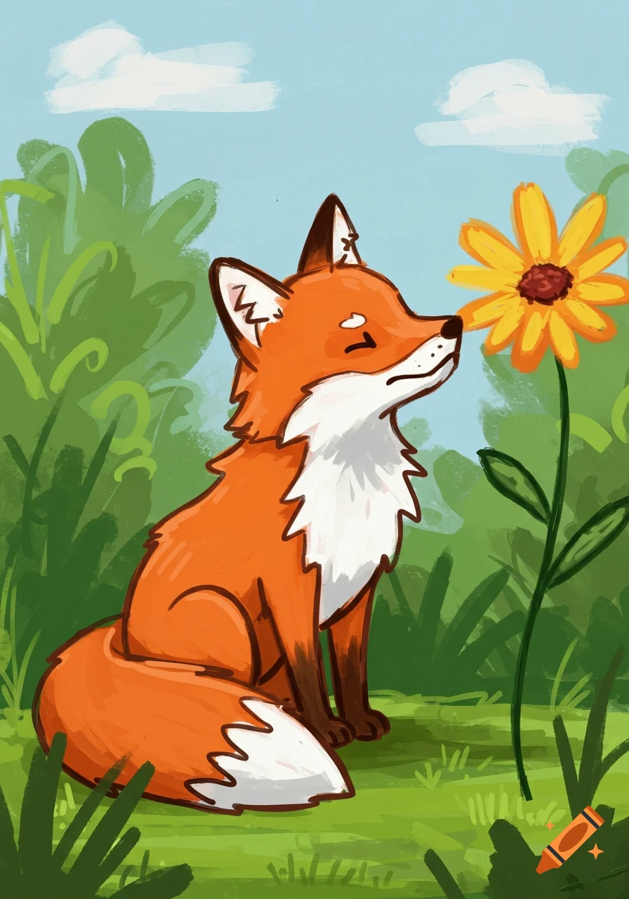 A stylized cartoon fox with orange and white fur sniffs a large yellow flower in a green, grassy field under a blue sky.