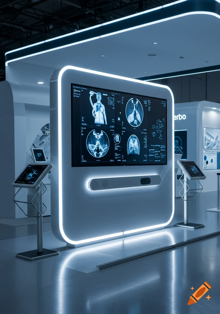 A modern, white curved product display screen with neon lights shows detailed medical scans and data at a technology tradeshow.