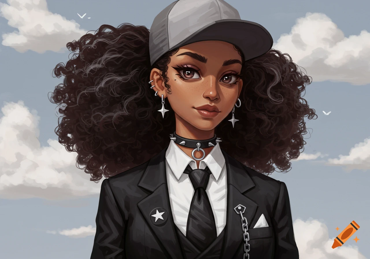 Close-up illustration of a stylized woman with dark curly hair wearing a backwards grey baseball cap, a black suit, and a spiked choker.