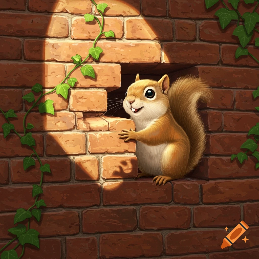 A cute, fluffy squirrel with big eyes peeks out from a hole in a sunlit brick wall, holding onto the bricks.