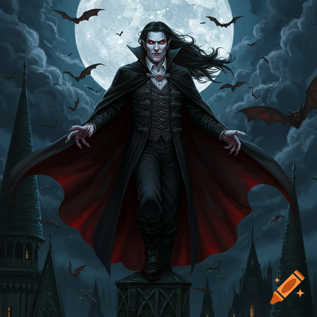 A detailed illustration of a vampire with long black hair, glowing red eyes, and a cape, standing on a gothic tower under a full moon with bats flying.
