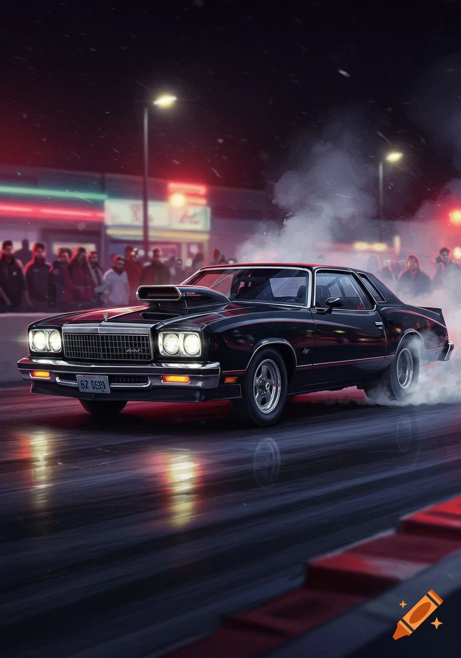 A black 1975 Chevrolet Monte Carlo drag car does a smoky burnout at night on a track with spectators and neon lights.